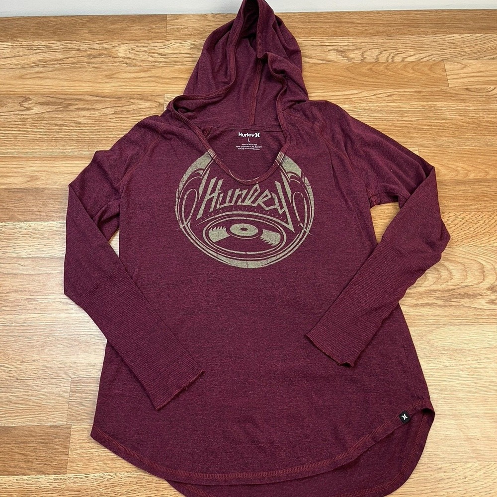 Hurley Hooded T-Shirt Red Women's Juniors Size Large Long Sleeve‎